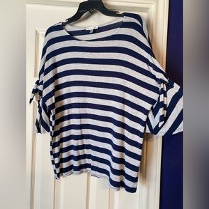 Neiman Marcus gray and navy striped tshirt with tie bell sleeves. Size Large